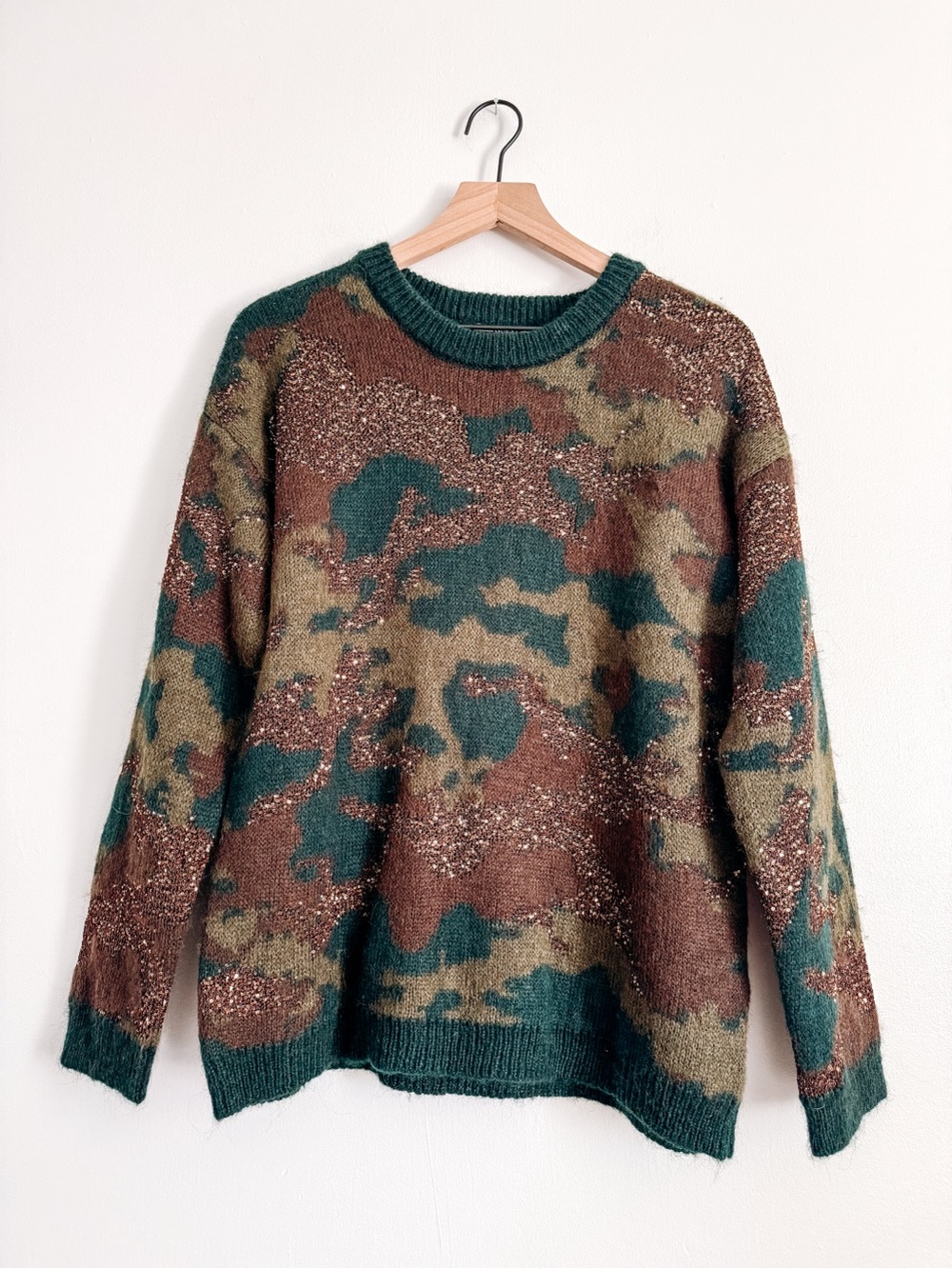 GUESS Made in Italy Camo Sequin Sweater Green Brown Metallic Knit